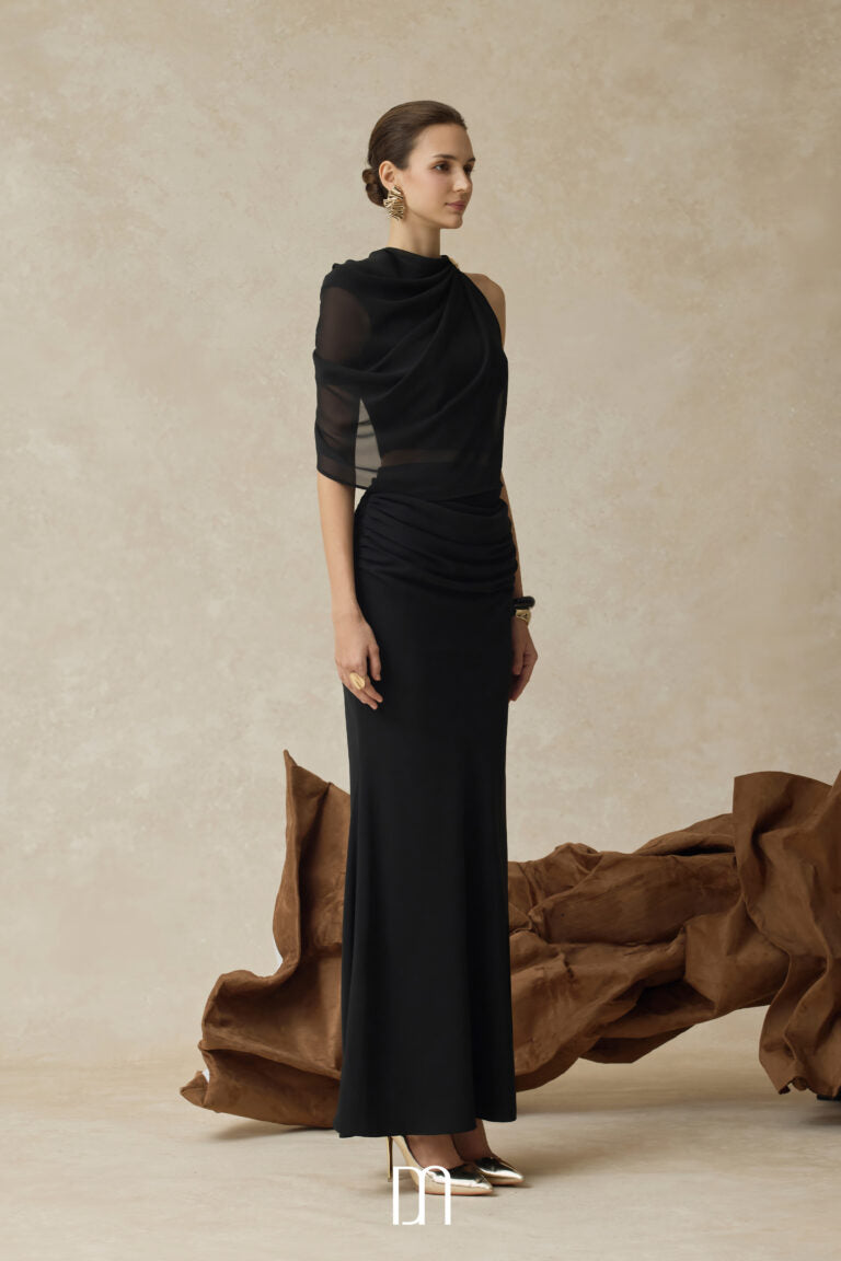 BYDENIO Averi one-shoulder high neck draped top &amp; Amara draped midi mermaid skirt