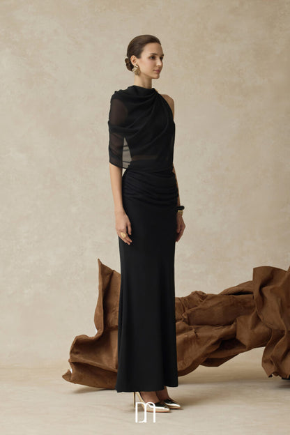 BYDENIO Averi one-shoulder high neck draped top &amp; Amara draped midi mermaid skirt