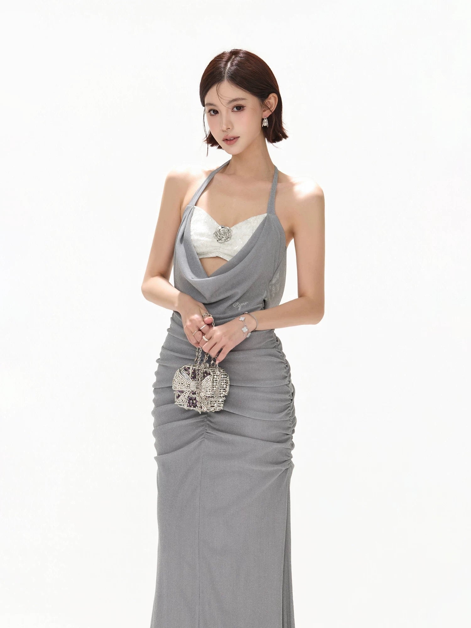 CYNR Haze blue neck strapless pearl dress