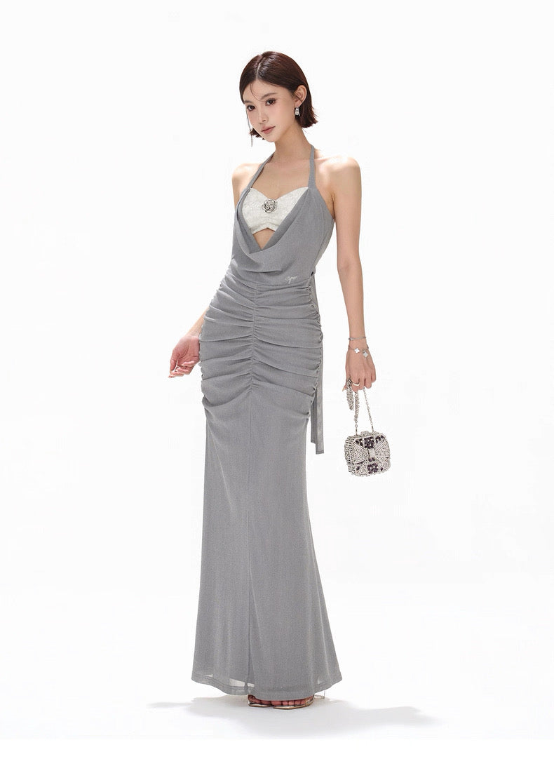 CYNR Haze blue neck strapless pearl dress