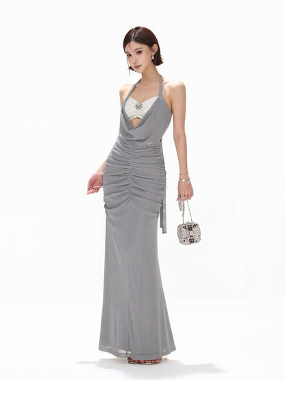 CYNR Haze blue neck strapless pearl dress