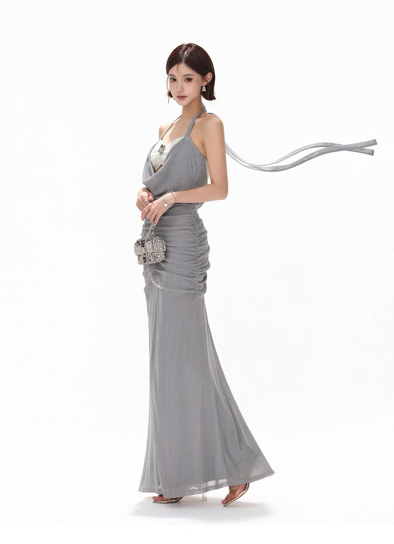 CYNR Haze blue neck strapless pearl dress