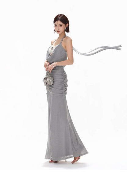 CYNR Haze blue neck strapless pearl dress