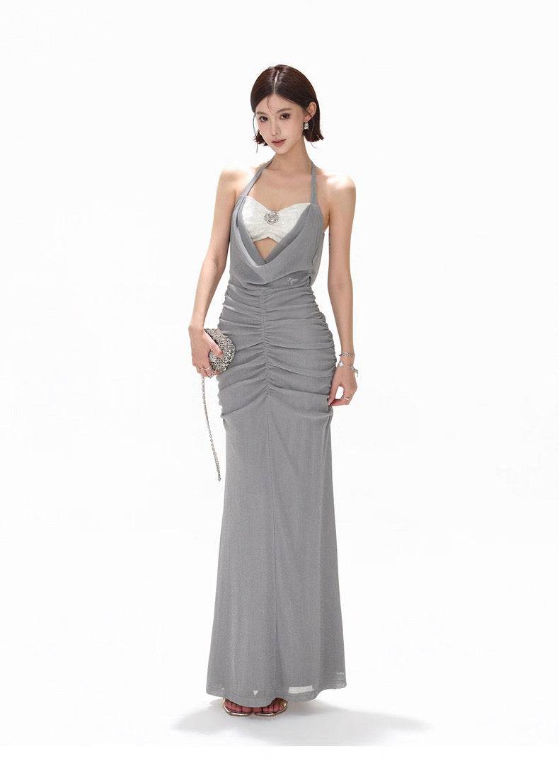 CYNR Haze blue neck strapless pearl dress