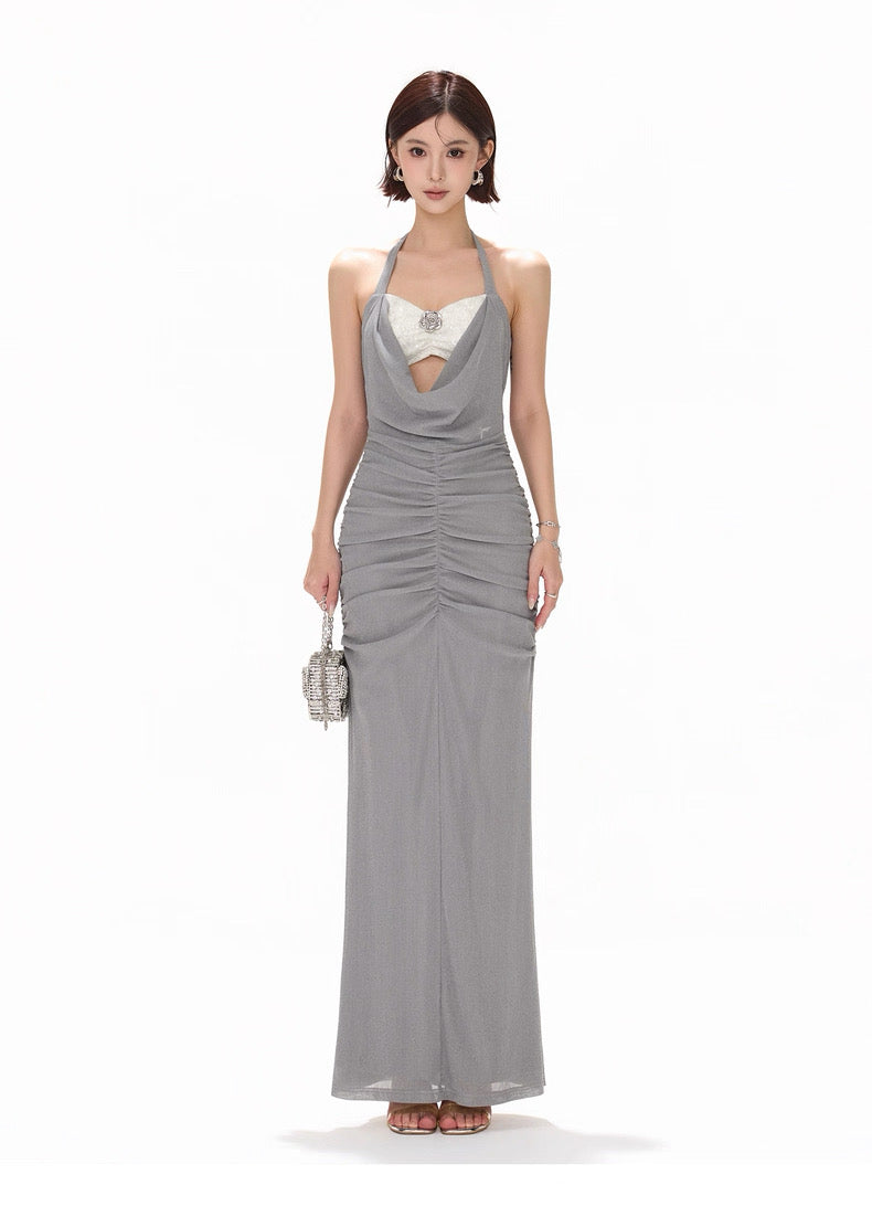 CYNR Haze blue neck strapless pearl dress