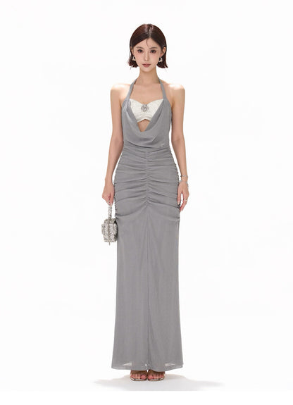 CYNR Haze blue neck strapless pearl dress