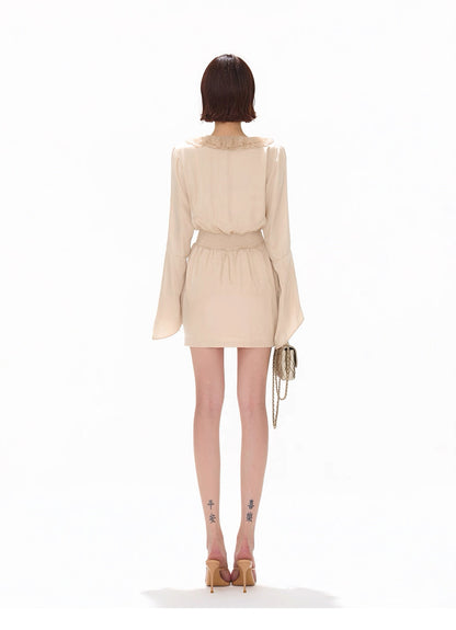 CYNR Lace V-neck satin waist cinched dress