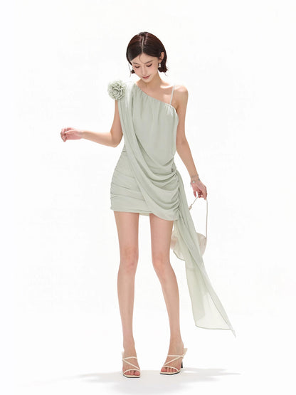 CYNR Flower chiffon ribbon sloping shoulder dress