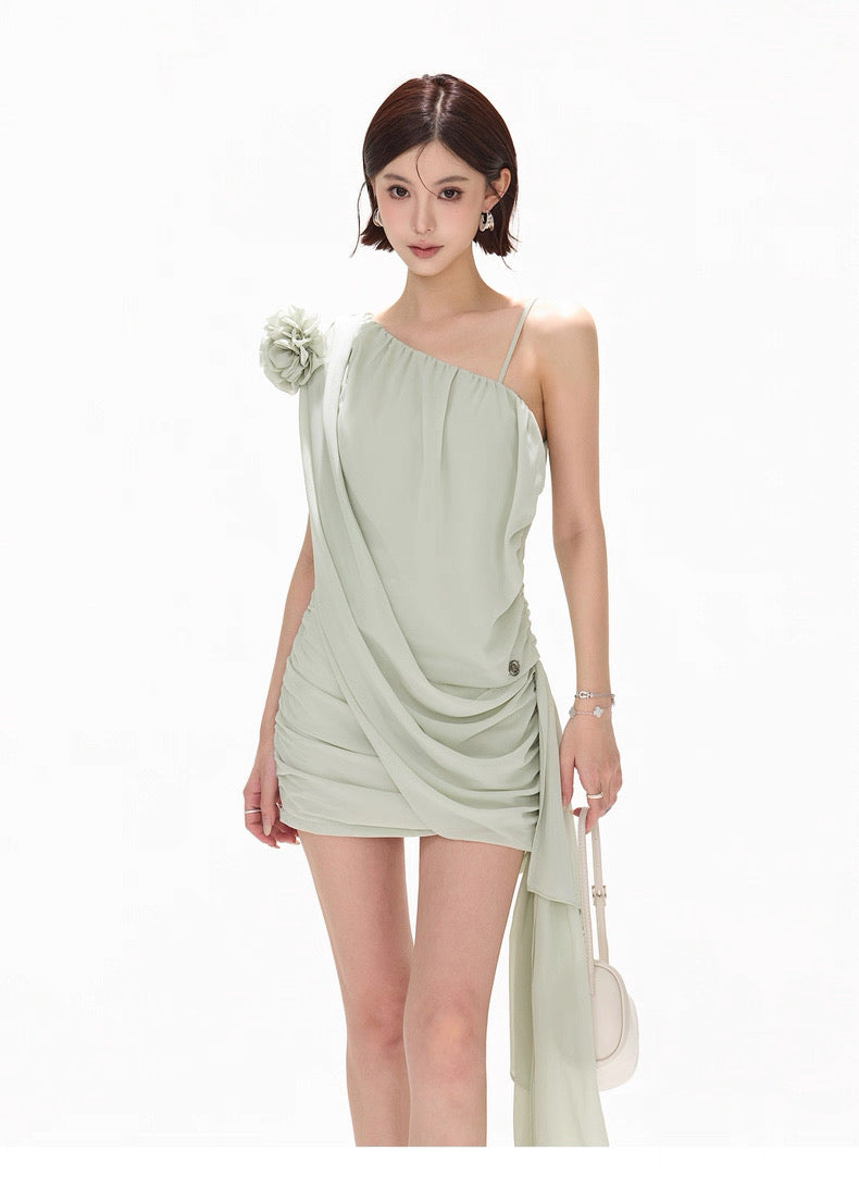 CYNR Flower chiffon ribbon sloping shoulder dress
