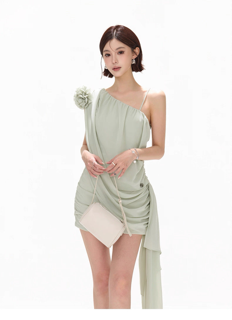 CYNR Flower chiffon ribbon sloping shoulder dress