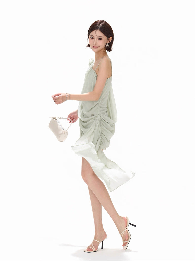 CYNR Flower chiffon ribbon sloping shoulder dress
