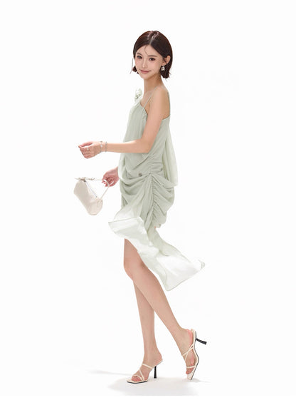 CYNR Flower chiffon ribbon sloping shoulder dress