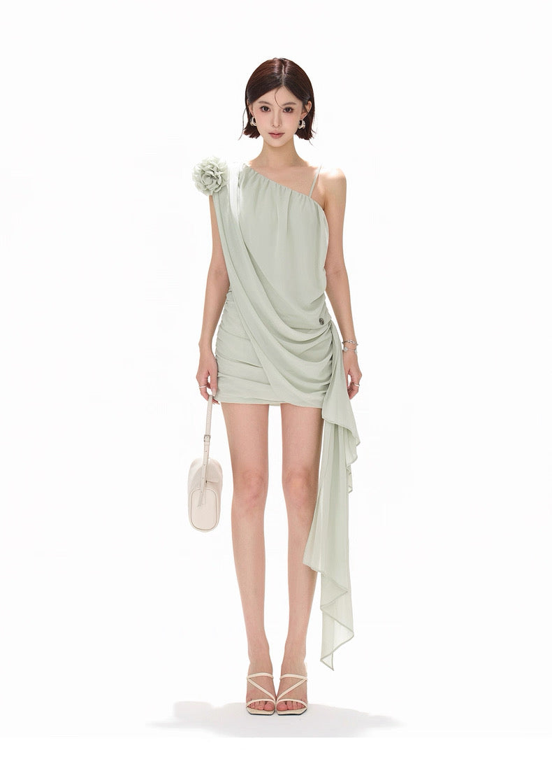 CYNR Flower chiffon ribbon sloping shoulder dress