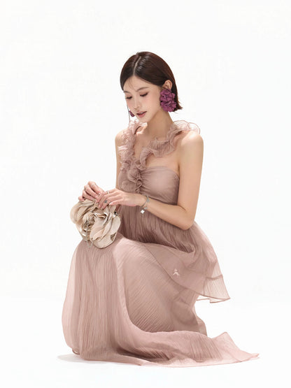 CYNR Hanging neck pleated chiffon strapless dress
