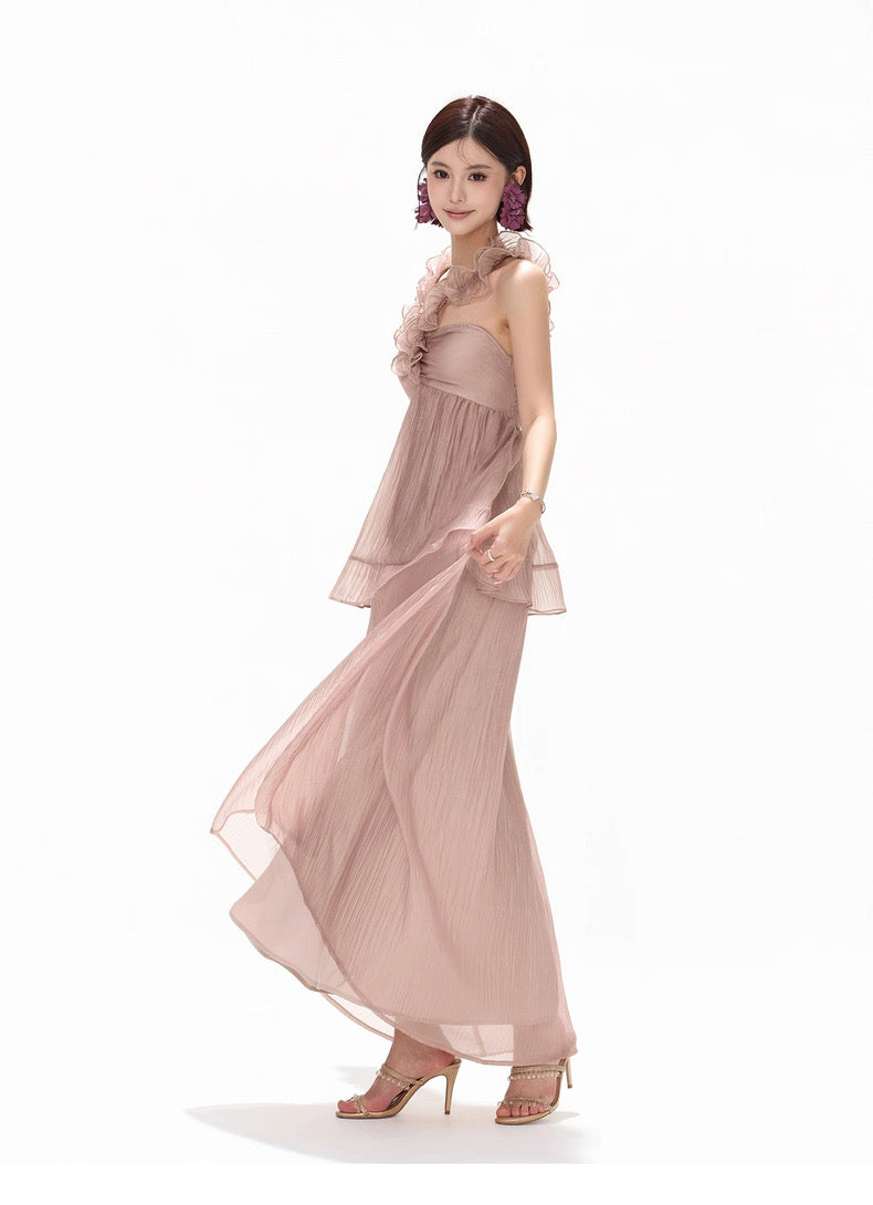 CYNR Hanging neck pleated chiffon strapless dress