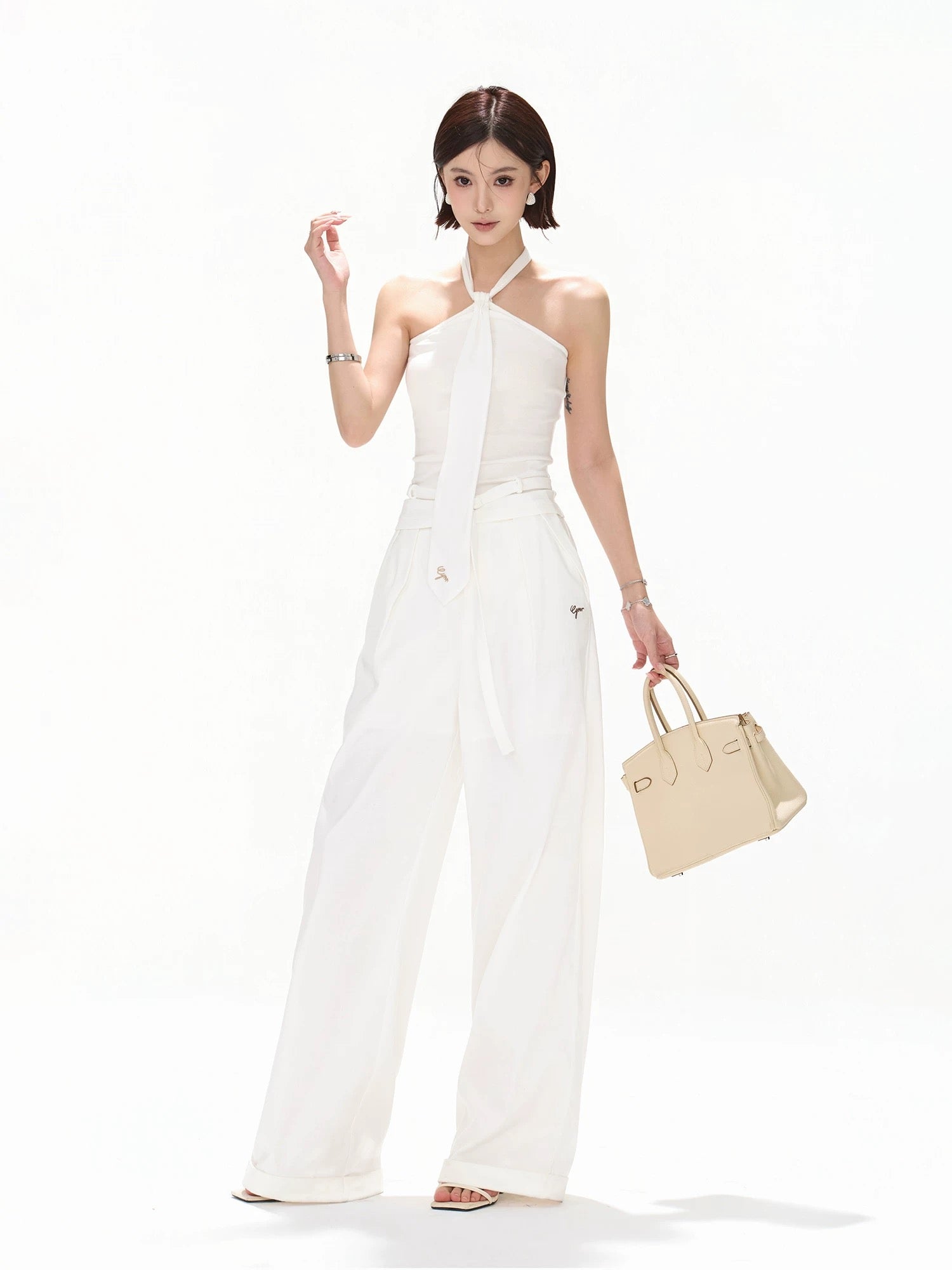 CYNR Hanging neck tie slim fit sleeveless knitted top + pants