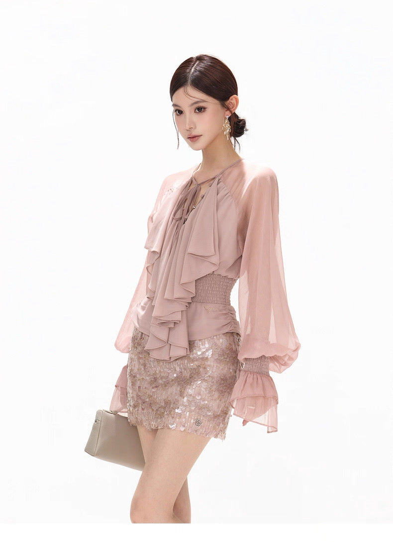 CYNR French V-neck chiffon waist cinched shirt top + sequin skirt