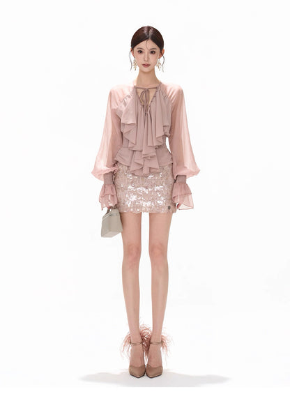 CYNR French V-neck chiffon waist cinched shirt top + sequin skirt