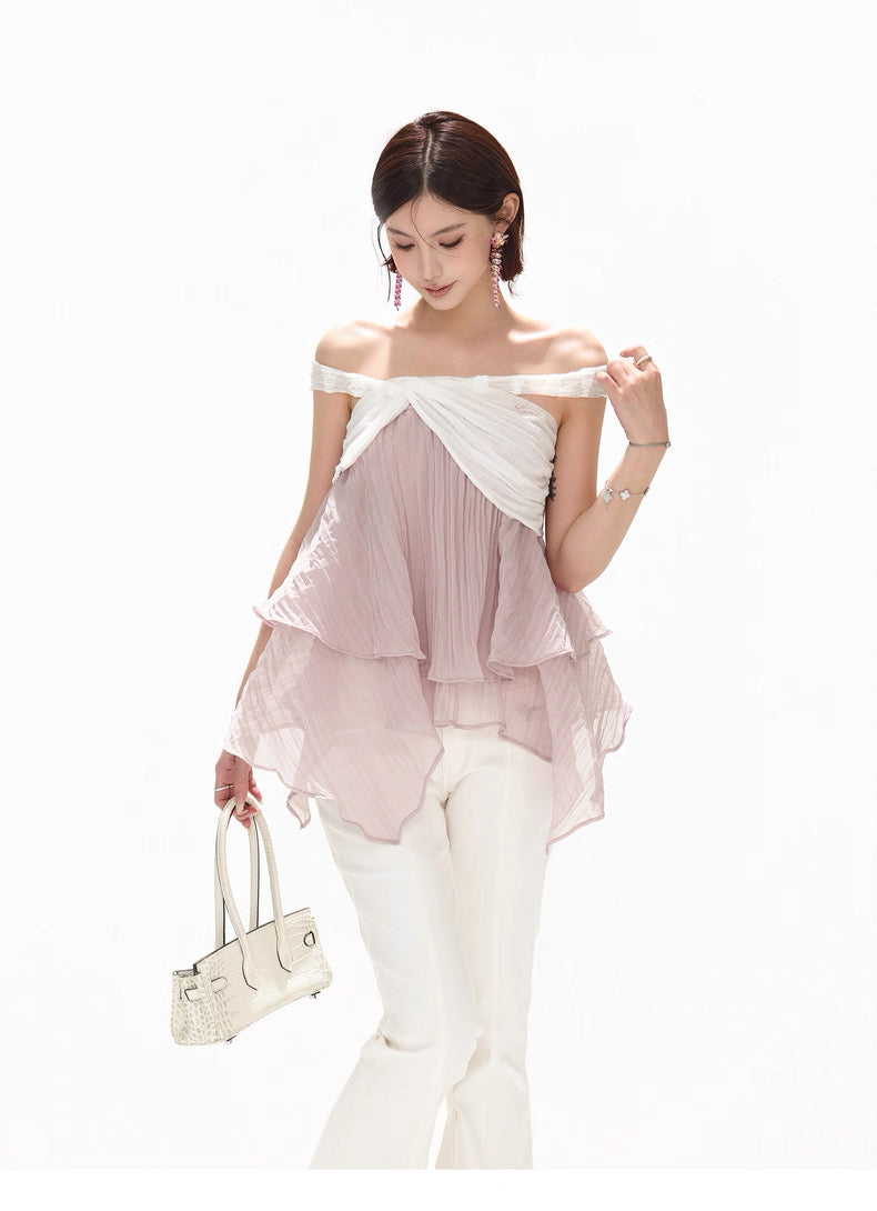 CYNR Off shoulder ruffle edge irregular pleated chiffon top