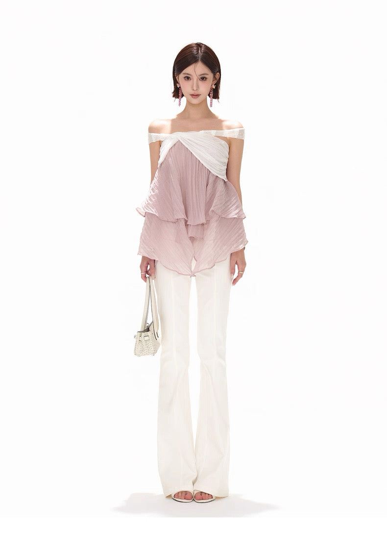CYNR Off shoulder ruffle edge irregular pleated chiffon top
