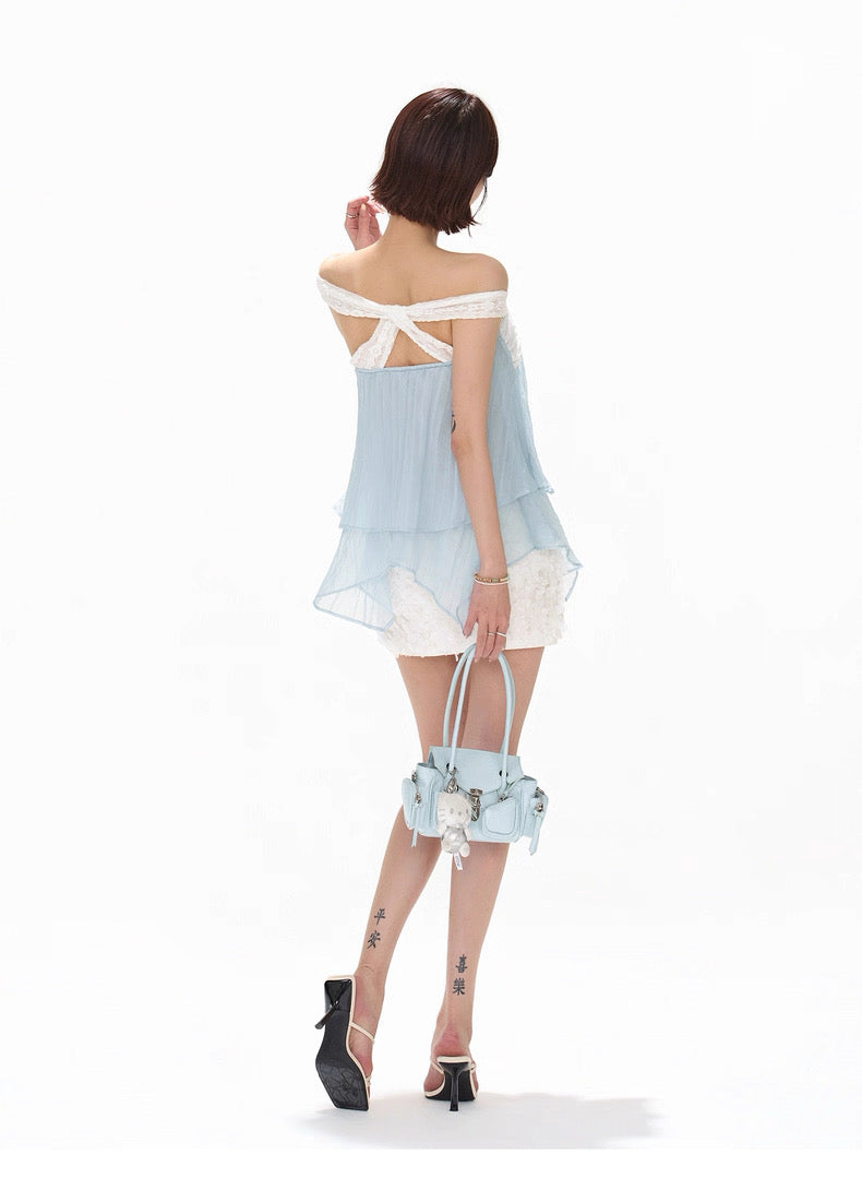 CYNR Off shoulder cross twisted pleated chiffon top