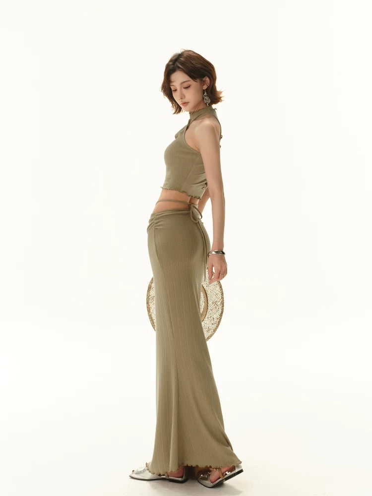 CYNR Knitted slim fit twisted neck strapless top + long skirt
