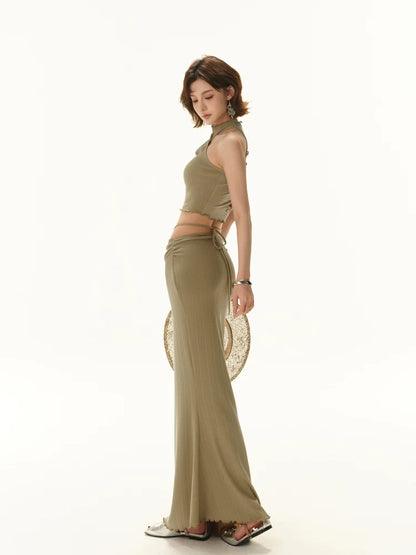 CYNR Knitted slim fit twisted neck strapless top + long skirt