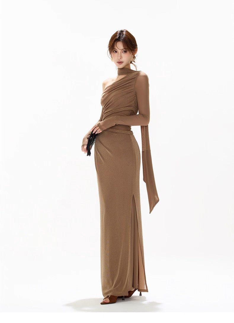 CYNR Mesh hollow splicing off shoulder dress