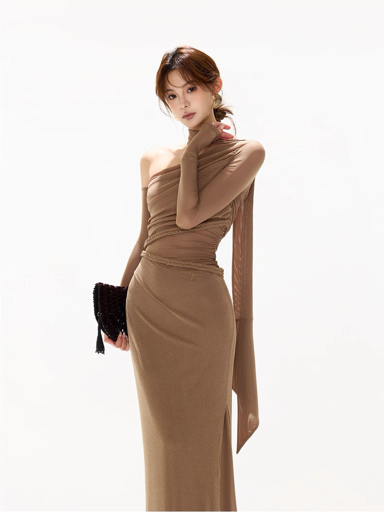 CYNR Mesh hollow splicing off shoulder dress