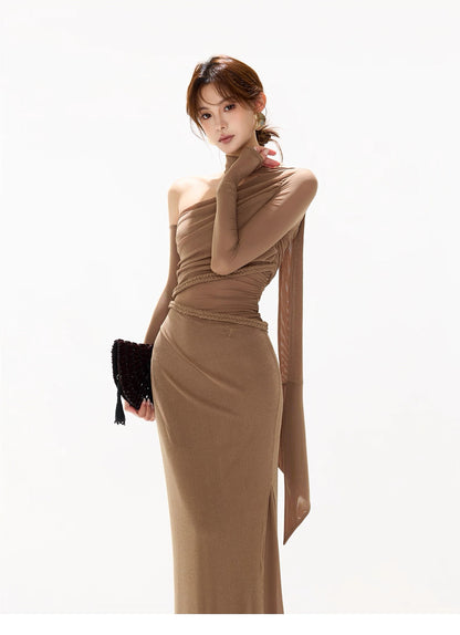 CYNR Mesh hollow splicing off shoulder dress