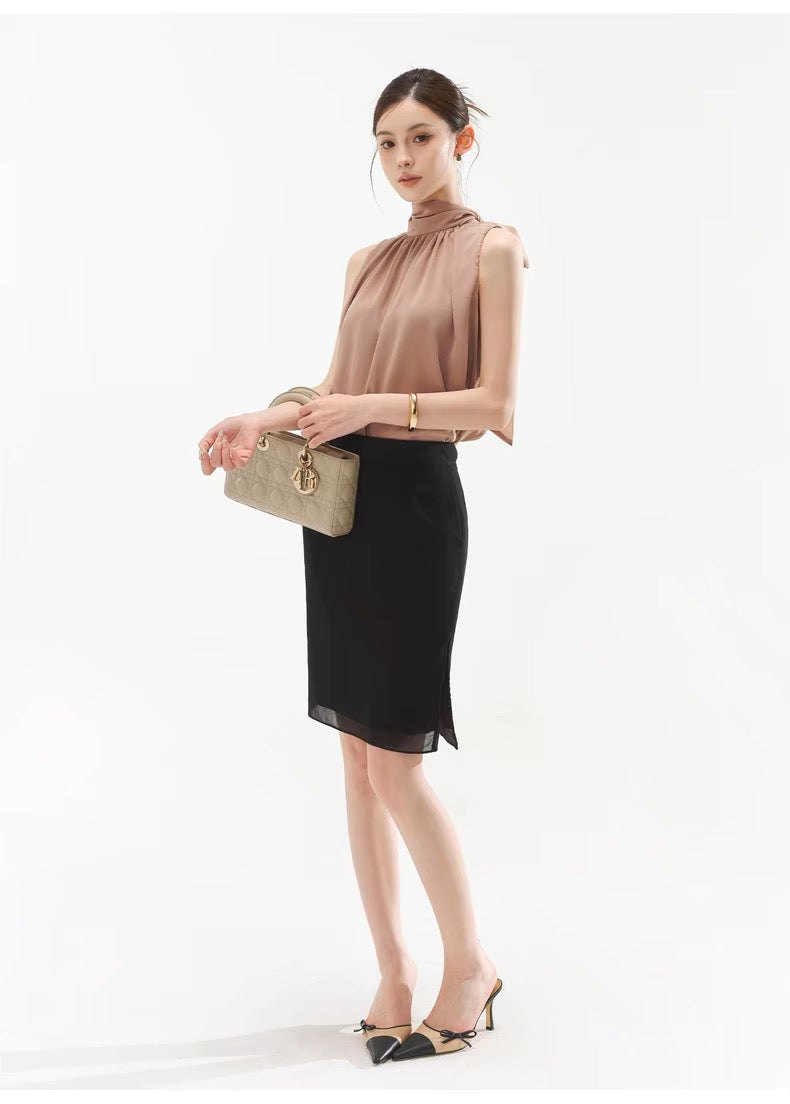 CYNR Strap hanging sleeveless top + high waisted mid skirt