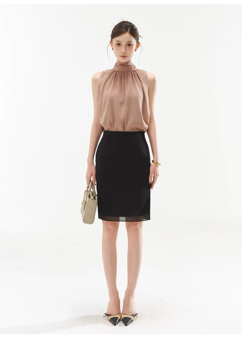 CYNR Strap hanging sleeveless top + high waisted mid skirt