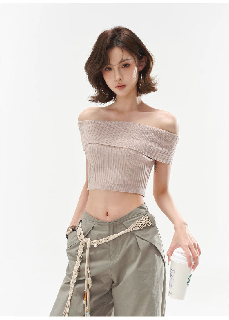 CYNR Off shoulder twisted flower pit striped woolen sweater