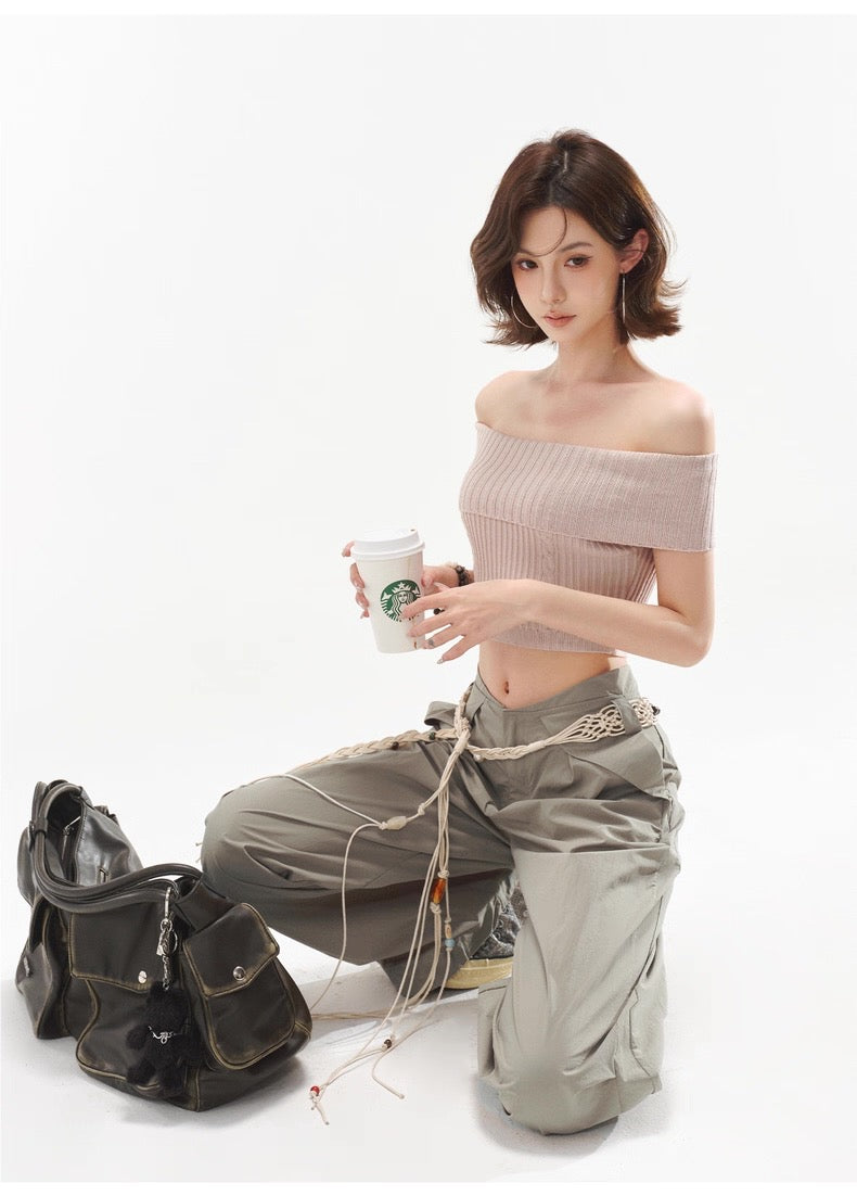CYNR Off shoulder twisted flower pit striped woolen sweater