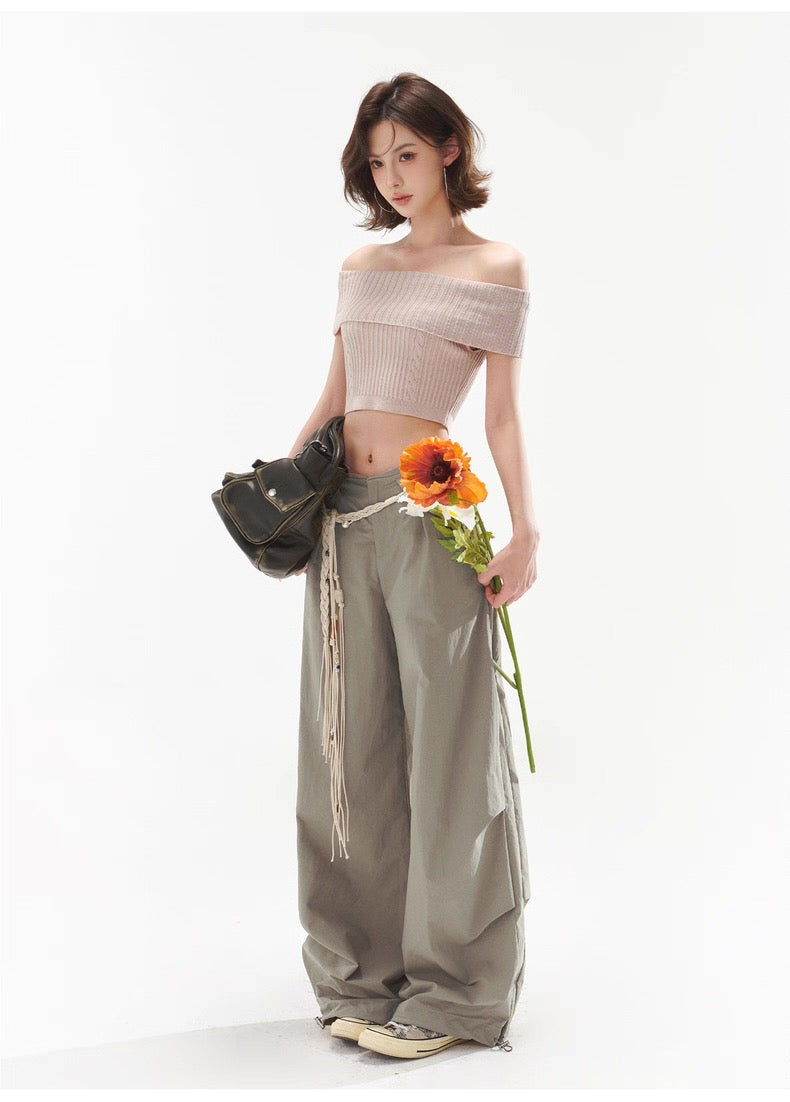 CYNR Off shoulder twisted flower pit striped woolen sweater