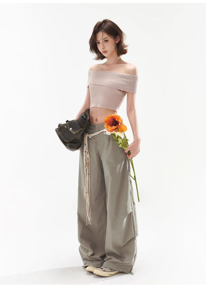 CYNR Off shoulder twisted flower pit striped woolen sweater