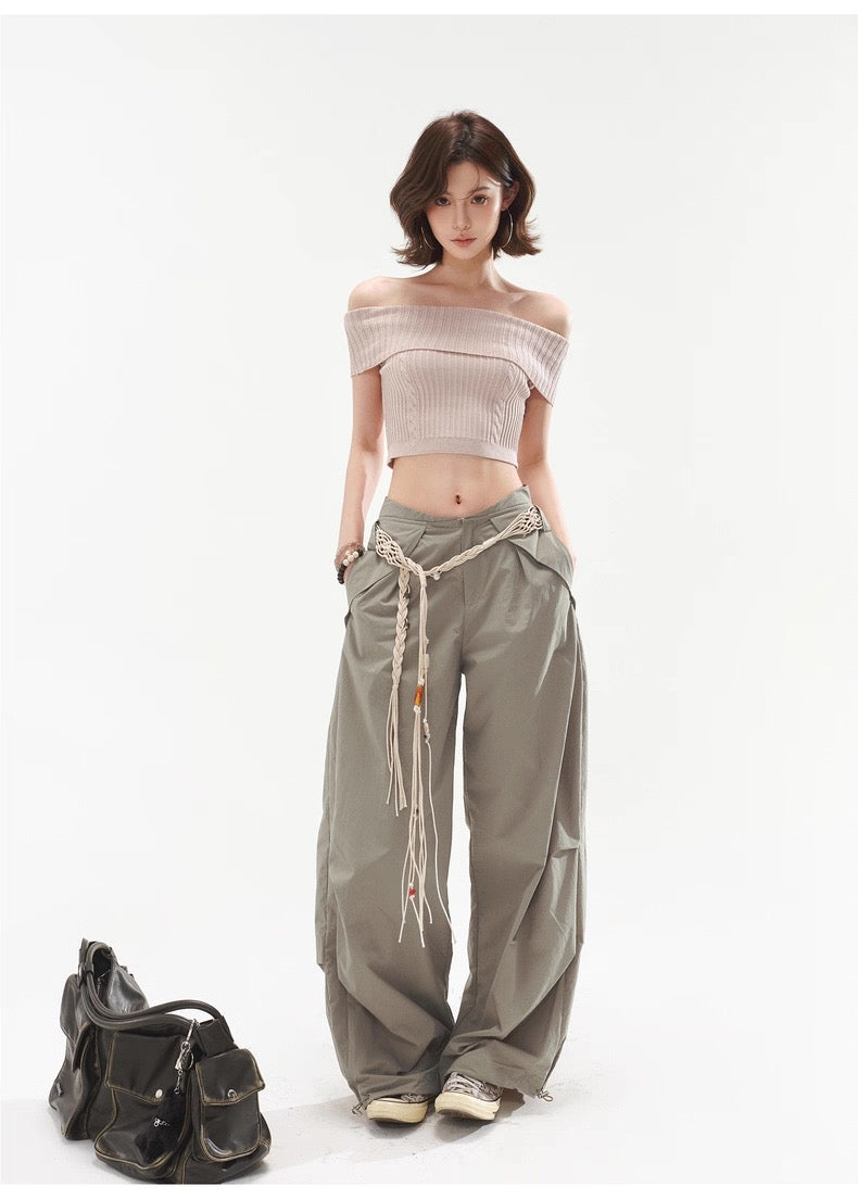 CYNR Off shoulder twisted flower pit striped woolen sweater