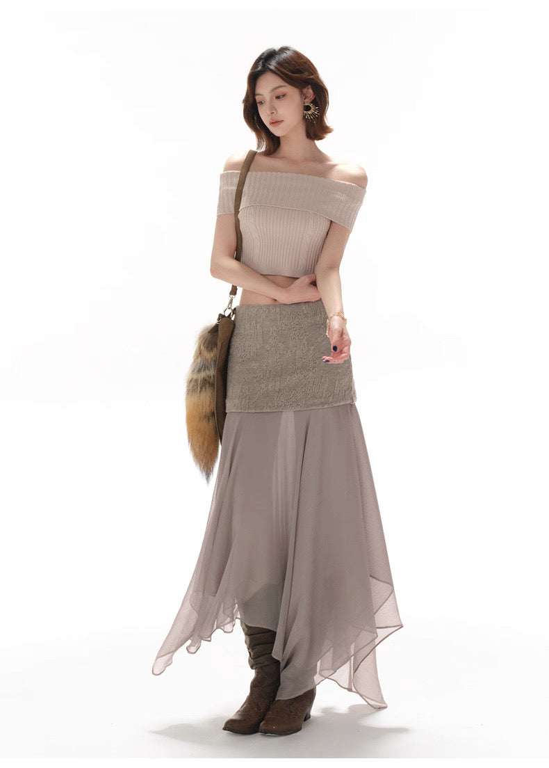 CYNR Off shoulder twisted flower pit striped woolen sweater
