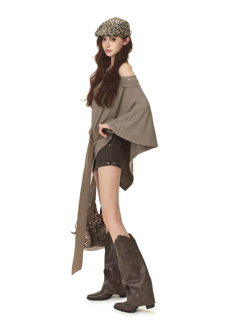 CYNR Retro cape off shoulder top with belt