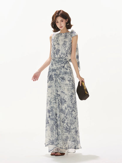 CYNR Norwegian Wood printed chiffon off shoulder dress