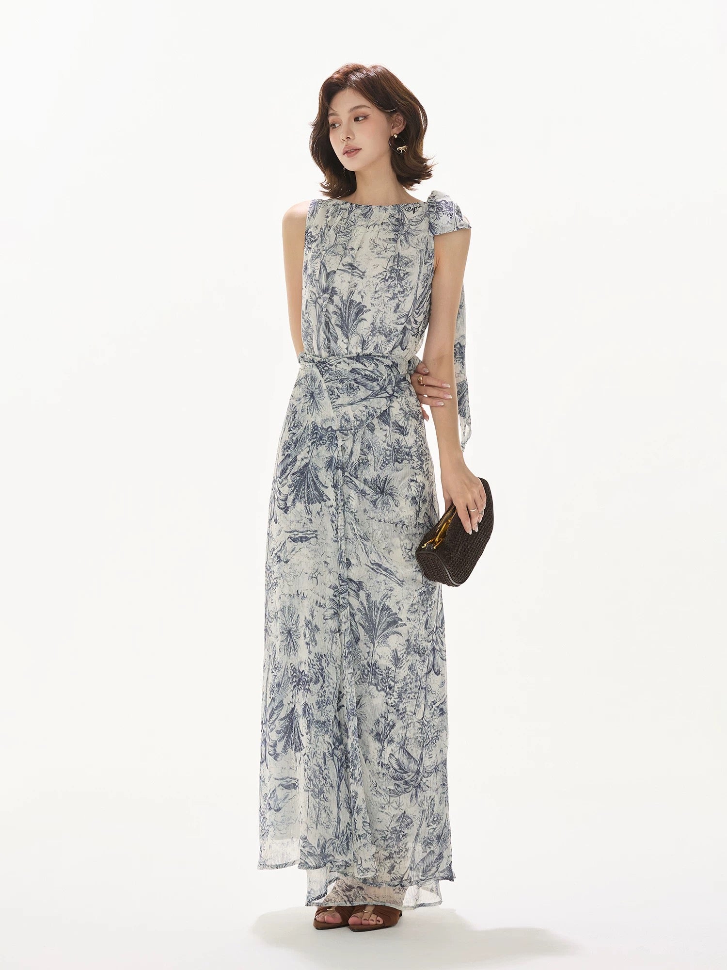 CYNR Norwegian Wood printed chiffon off shoulder dress