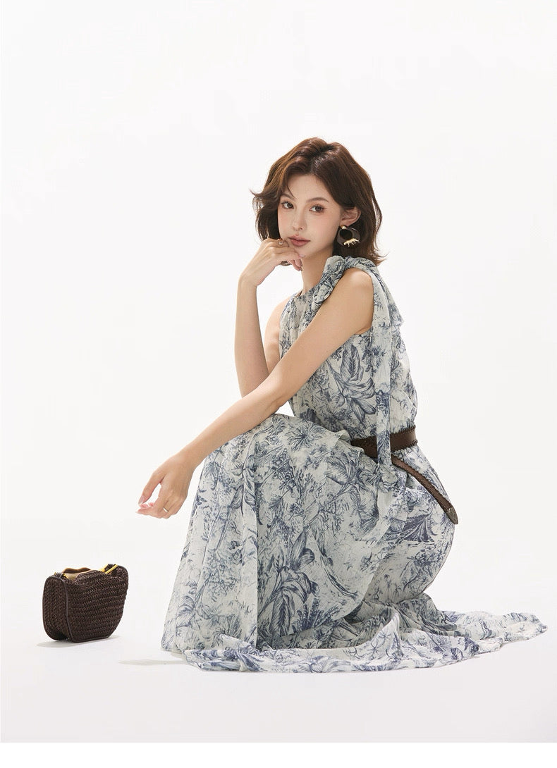 CYNR Norwegian Wood printed chiffon off shoulder dress