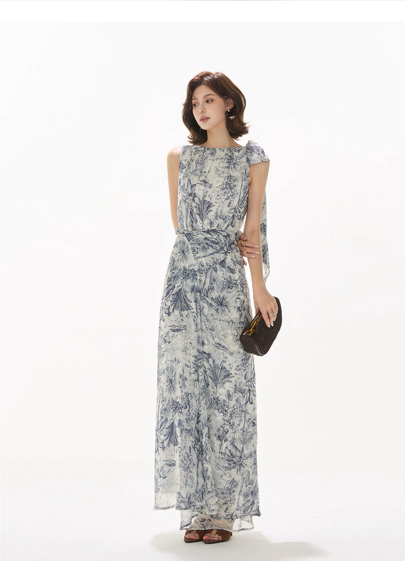 CYNR Norwegian Wood printed chiffon off shoulder dress