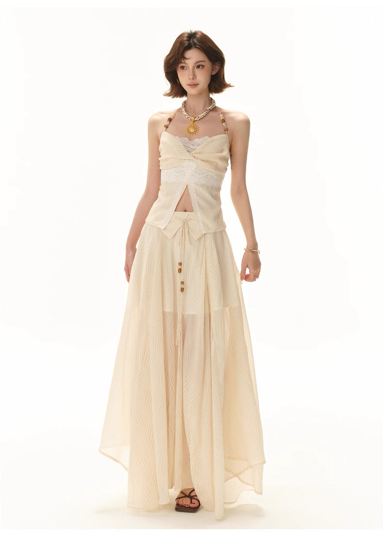 CYNR Beaded strapless top + flowing irregular skirt