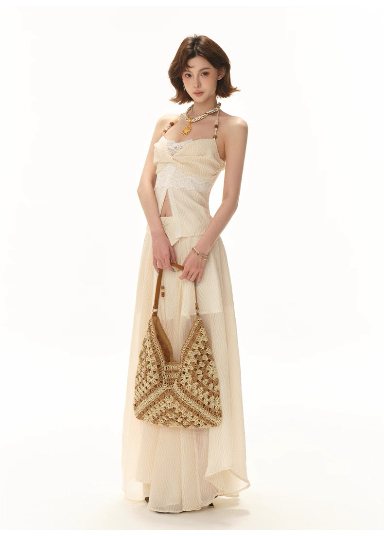 CYNR Beaded strapless top + flowing irregular skirt