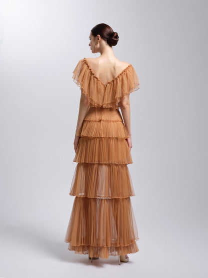 XY Bymyxy Brown Orange Flower Maxi Dress