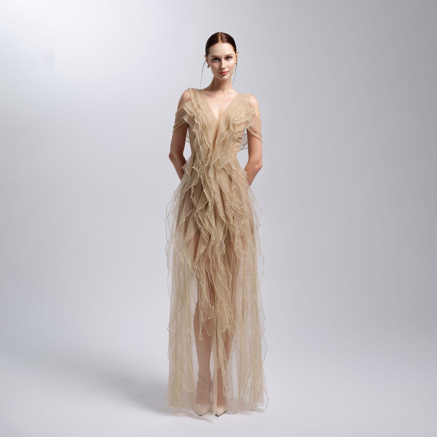 XY Bymyxy Nude Butterfly Bow Long Dress
