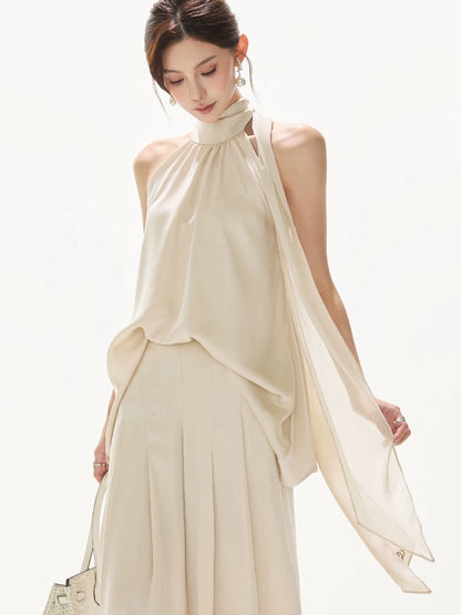 CYNR Satin ribbon irregular neck top