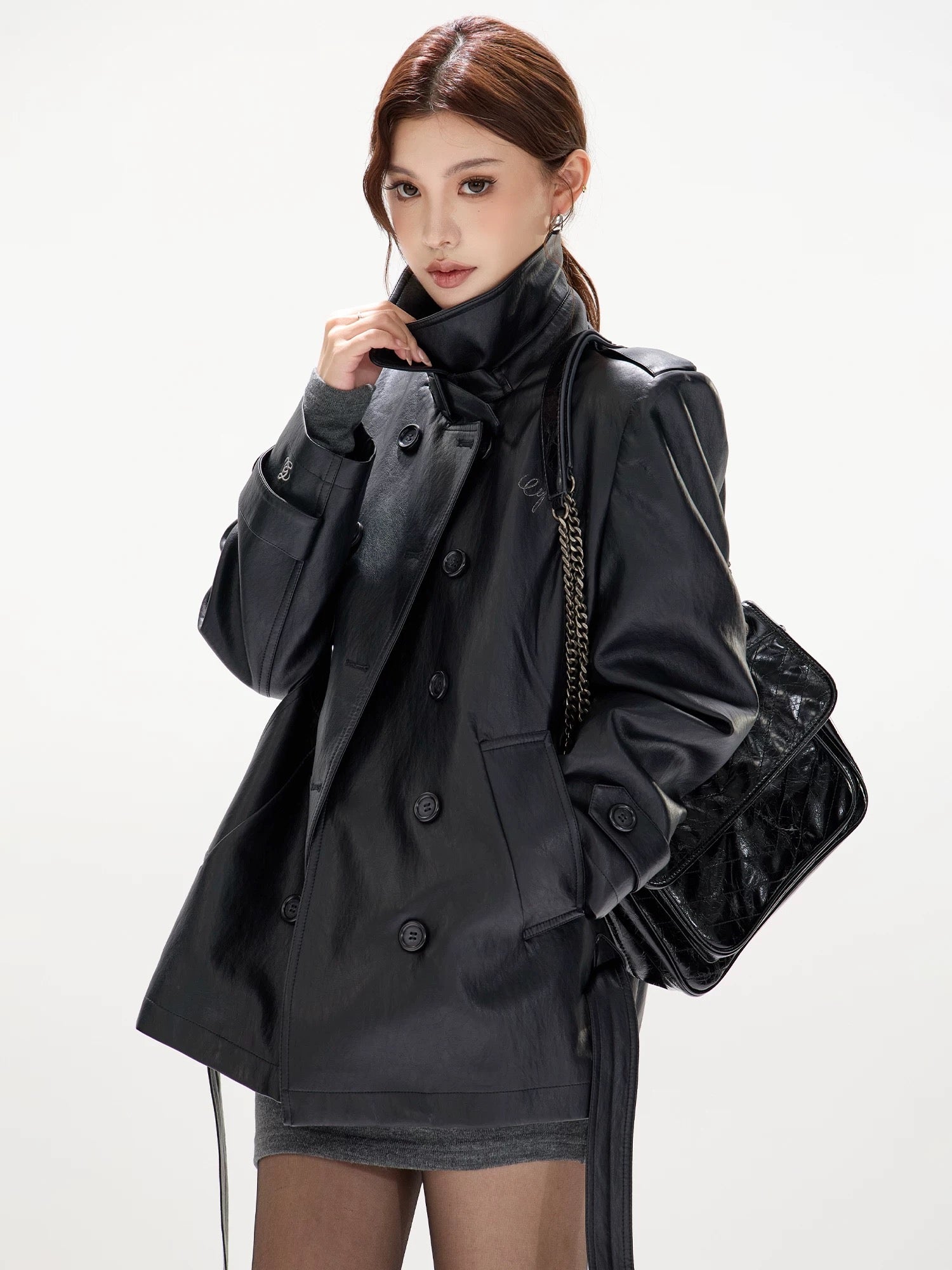 CYNR Standing collar double breasted leather jacket