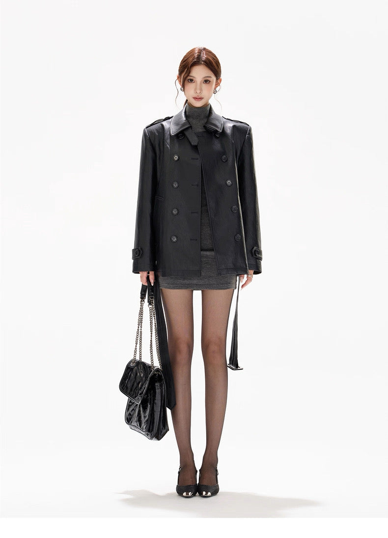 CYNR Standing collar double breasted leather jacket